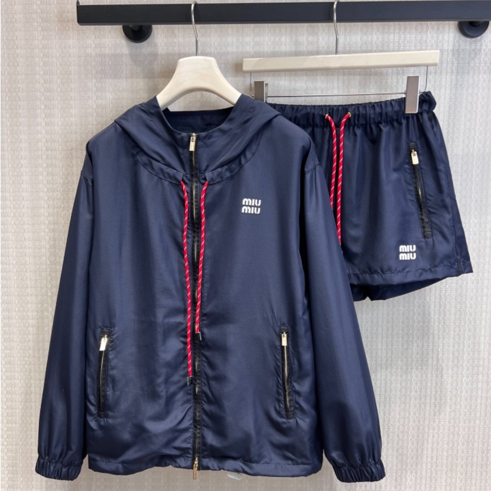 Miu Miu Navy Hooded Windbreaker Jacket and Shorts with Red Drawcords